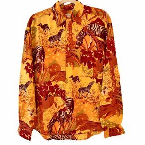 Guessilk Mens Size M Vtg Zebra Giraffe Safari L/S Button Up 100% Silk Shirt Flaw